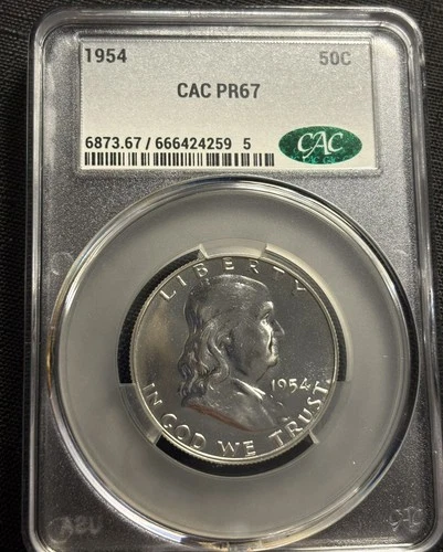 1954 Proof Franklin Half Dollar, CAC Graded, PR67, Gem proof