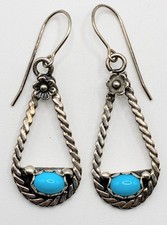 Artist Signed BJ Pretty Floral Accent SS 925 Turquoise Dangle Hook Earrings