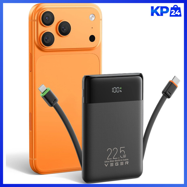 Power Bank 10000Mah 22,5W Schnellladung Mit USB-C Kabel 4 AusgäNge Schwarz Reise-image