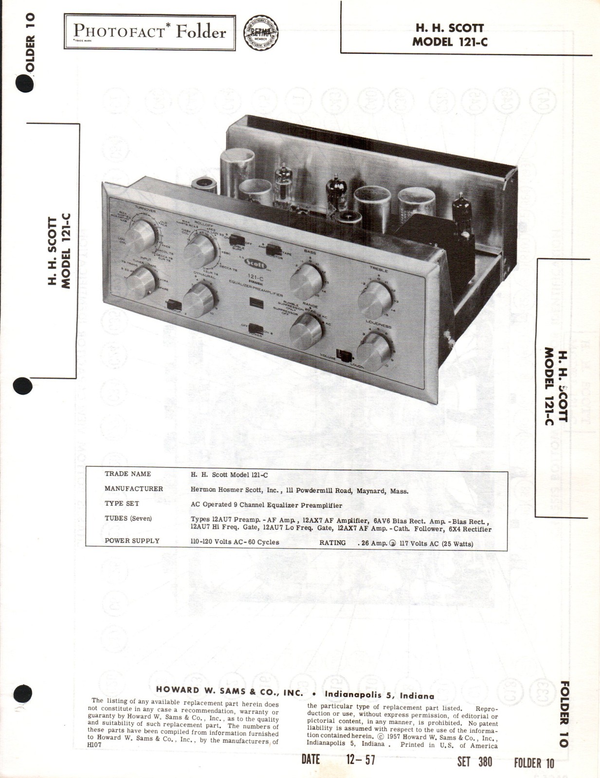 Sams Photofact HH Scott 121-C Tube Preamplifier Manual w/ Schematics (original)