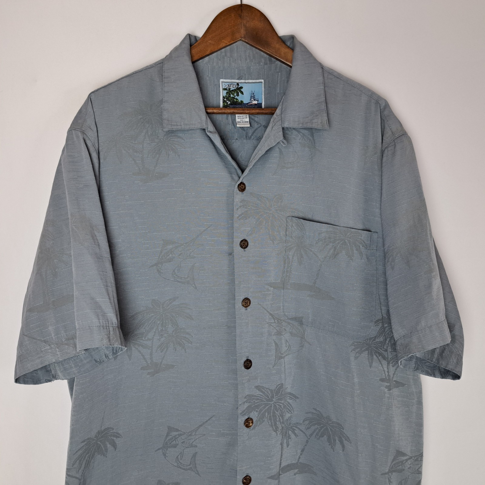 AFTCO Bluewater Hawaiian Shirt Mens Large Gray Button Up S/S Palm Trees Embossed
