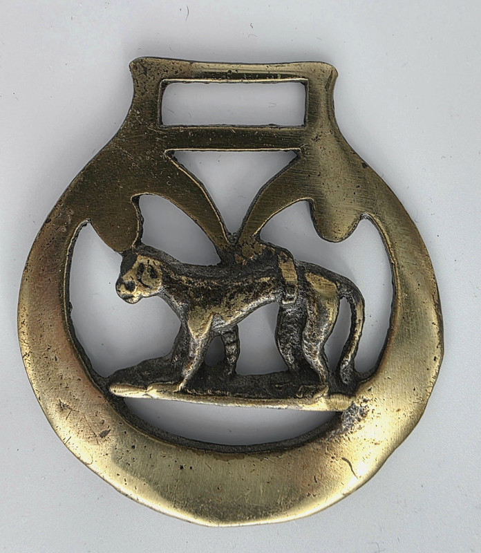 Horse Harness Bridle Brass Heraldic Monkey Medallion 3" x 2 & 5/8" Patina Vtg