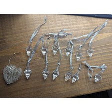 Vtg Clear Acrylic Heart Ornament  12 Icicle Chandelier Prisms Silver Ribbons