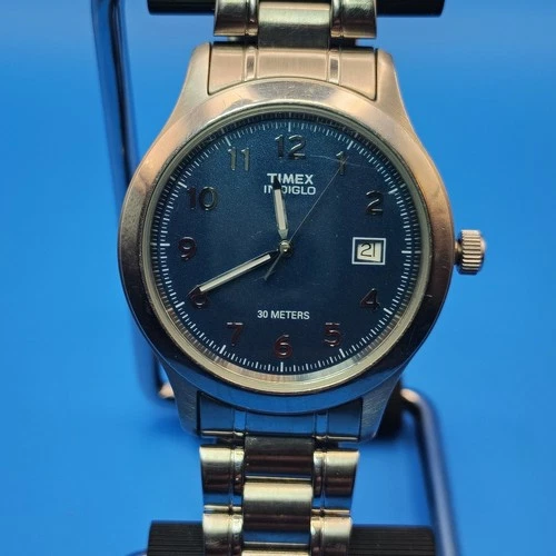 Vintage 1998 Timex Indiglo Date 36mm Men's Quartz Watch Blue Dial SS Bracelet