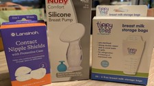 Breast Feeding Mom Nipple Shields, Silicone Breast Pump, Milk Storage Bags New