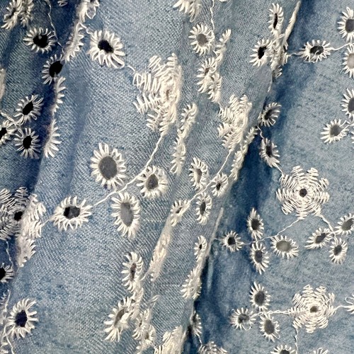 Unique Vintage Embroidered Floral Midi Skirt A-Line Chambray Classic Pockets 3X - Picture 5 of 8