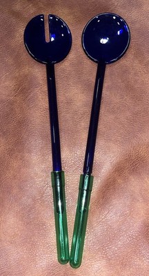 Vintage MCM Guzzini Plastic Acrylic Cobalt Blue Salad Servers With Green Handles