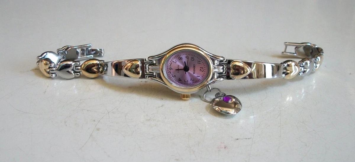 Geneva Vintage Silver Heart Women\'s Watch with Matching Bracelet. Purple silver GENEVA:WOMEN main image 4