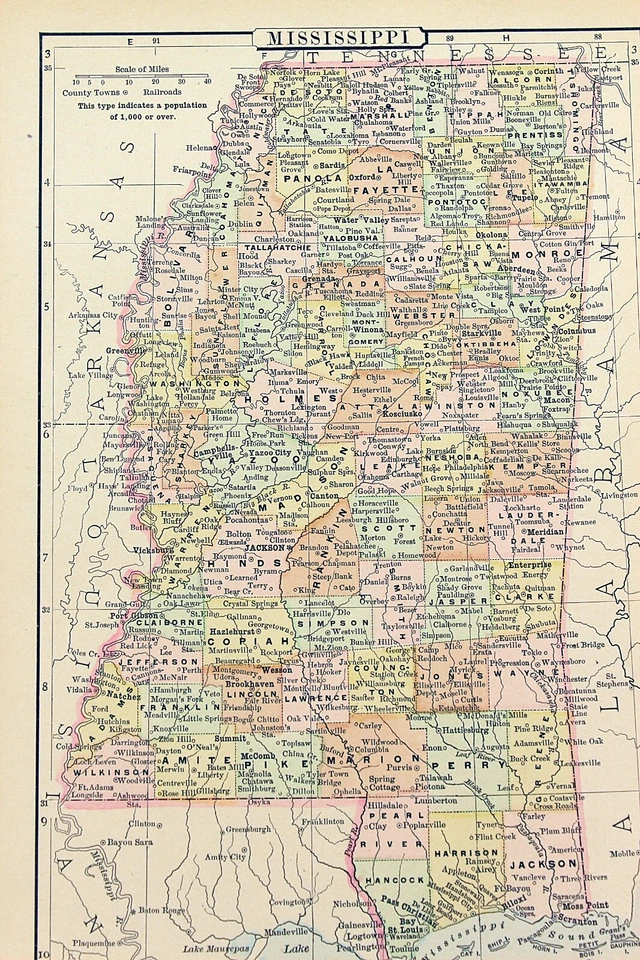 Mapa del estado de Mississippi 1898 litografía coloreada a mano 10,75 x 7,25 Foto 2 de 2
