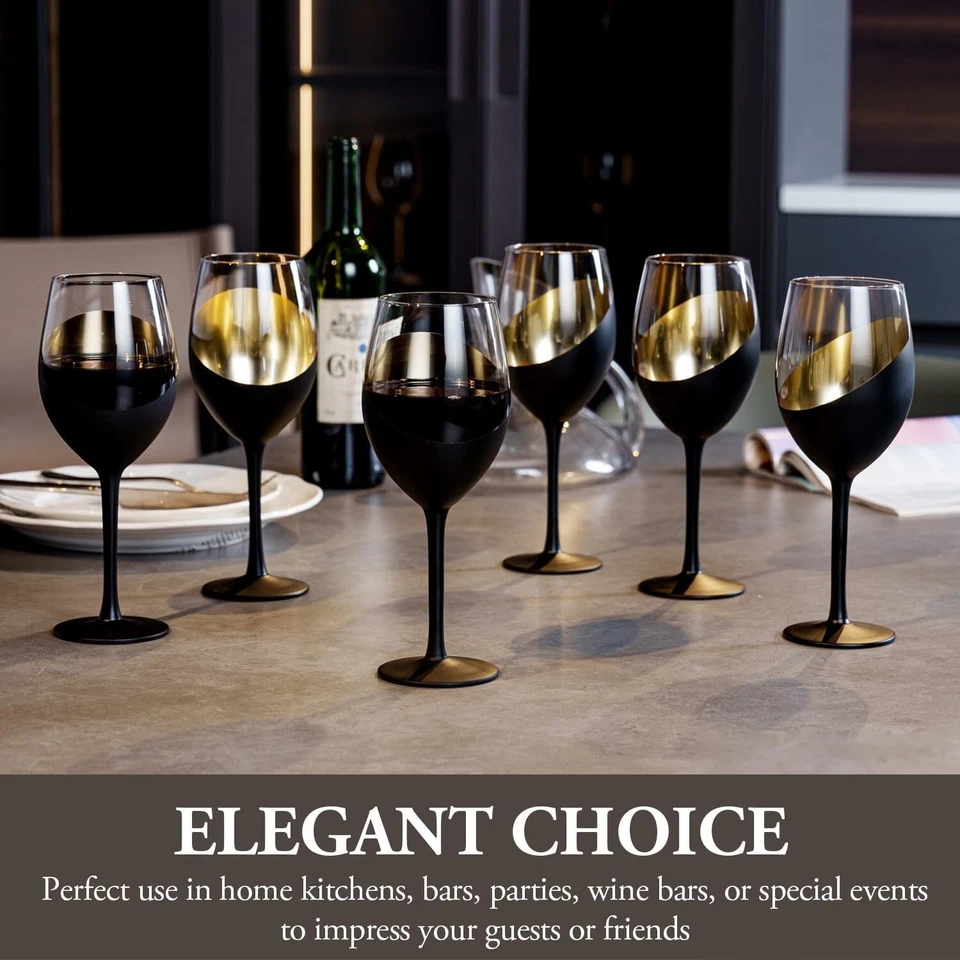 Juego de 6 copas de vino con tallo en tono negro y dorado de 14 oz, vajilla de vidrio de acento Foto 3 de 4