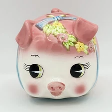 Vintage Piggy Bank Ceramic Hand Painted Kato Kogei Original Sticker