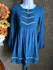 🦋DOE & RAE🦋Teal Blue Western Long Open Bell Sleeve Lace Trim Dress NWT | SMALL