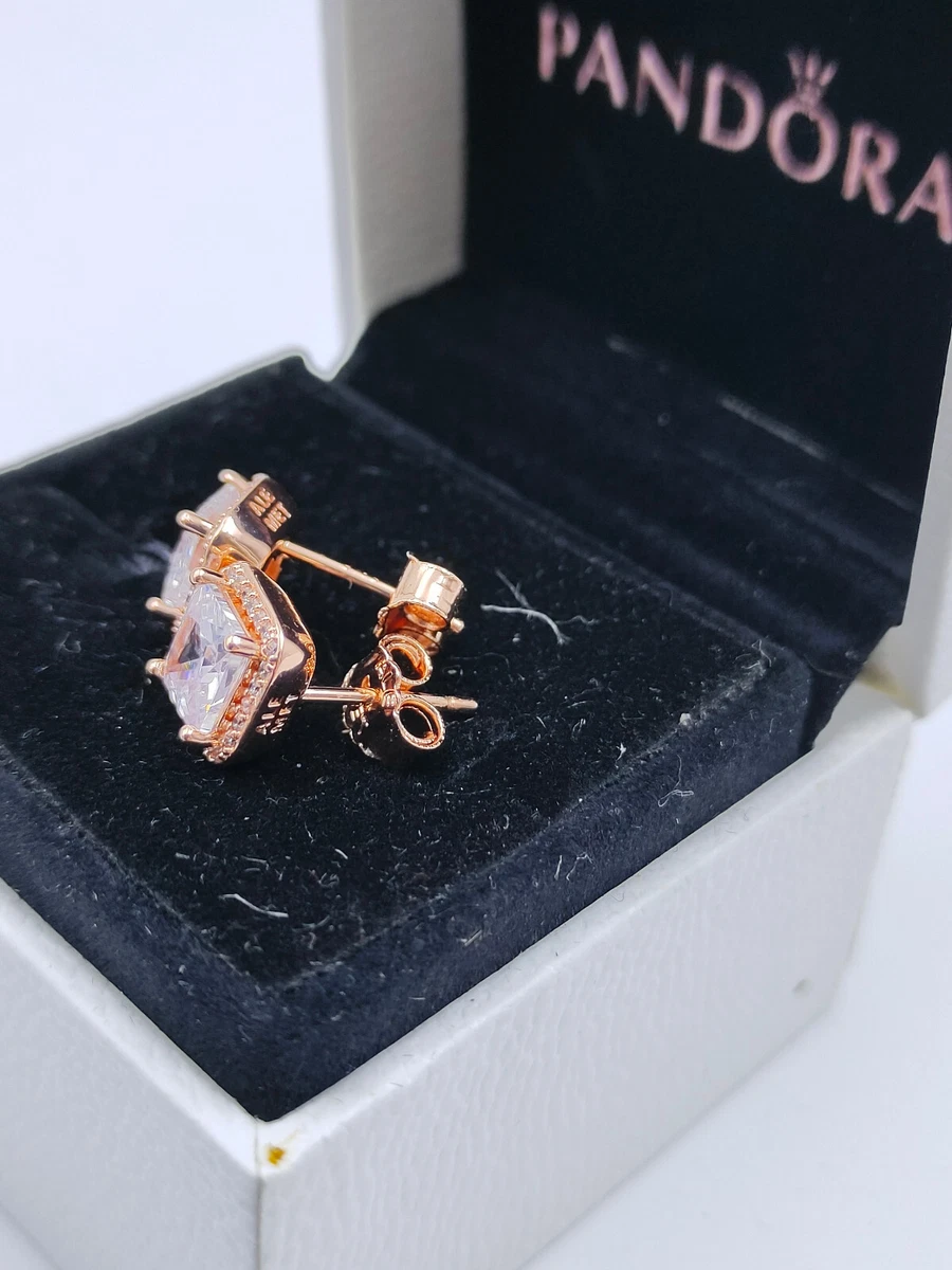 Pandora Sparkling Earrings Genuine Square HALO ALE Silver ROSE