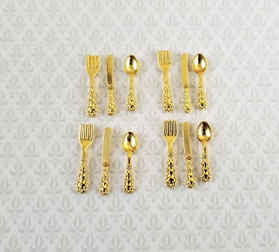Dollhouse Gold Flatware Fork Spoon Knife Fancy 4 Place Settings 1:12 Scale