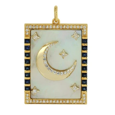 Pendentif en or 14 carats diamant MOP saphir rectangle lune étoile pendentif ... - Photo 1/4