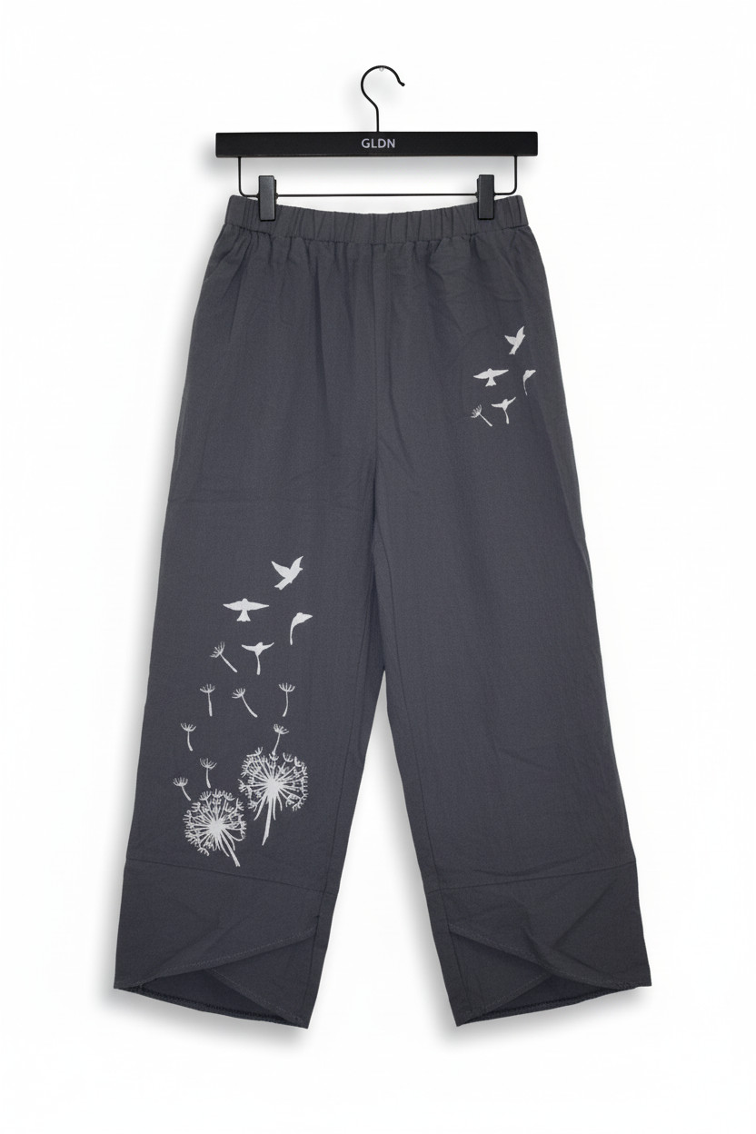Women’s Charcoal Gray Wide-Leg Cropped Pants - Dandelion & Bird Graphic - Size M image 2