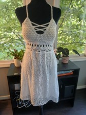 Italian Fashion White Crocheted Fit & Flare V-Neck Strappy Tie Dress S
