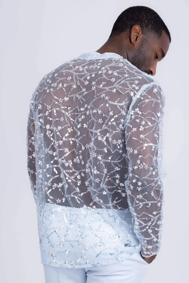 Barabas Men's Floral See Through Sequins Long Sleeve Shirts 5PST02 - Image 4 of 4