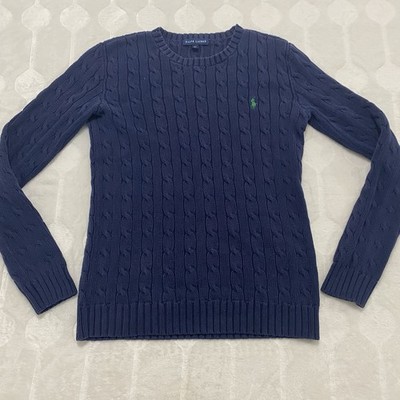 Ralph Lauren Cable Knit Sweater Women’s Small Navy Blue Pony Chunky Heavy Cotton