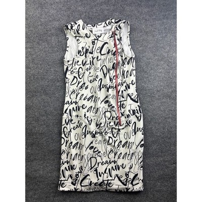 Joseph Ribkoff Graffiti Sheath Dress Womens 8 White Black Script Print Red Zip