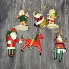 Vintage Christmas Ornaments Set Figural Santa Elf Wooden Horse Retro Xmas