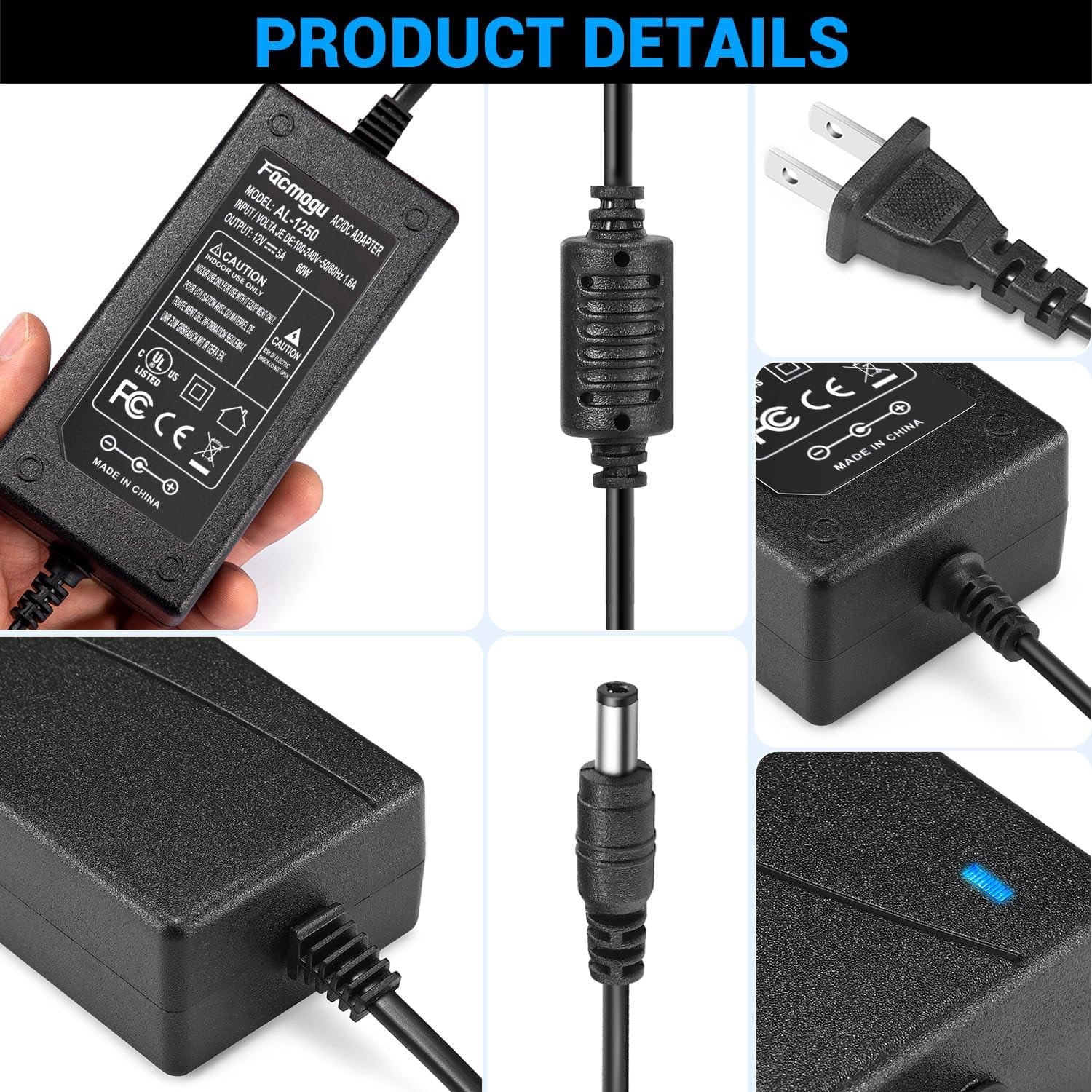 Facmogu 60W 12V 5A AC/DC Power Adapter, 100-240V AC to DC 