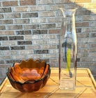 Blenko Glass Amber Lotus Fruit Bowl Water Shed 10-1/4"  & 18" Vase