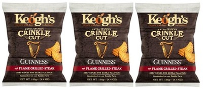 3 bags of Keogh's Crinkle Cut Guinness & Flame Grilled Steak Crisps 125g each
