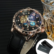 Men's Luxury Tourbillon Skeleton Automatic Watch Moon Phase Starry Sky Dial