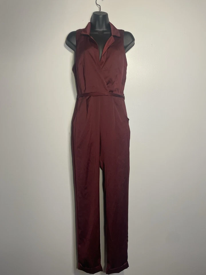 New Look Burgundy Sleeveless Satin Jumpsuit Size 8 - Image 4 of 4
