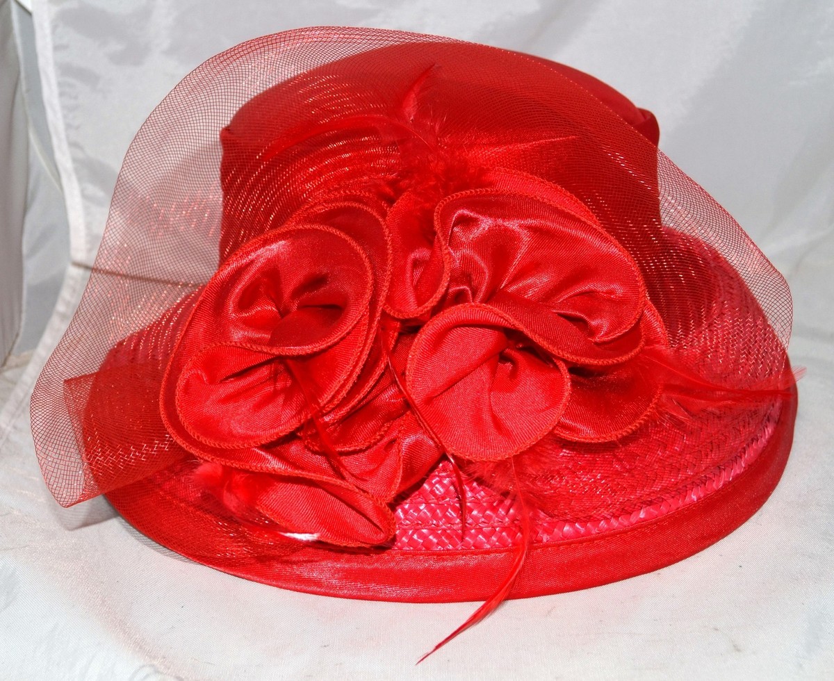Red Straw Wide Curved Down Brim with Flowers Net & Feathers 