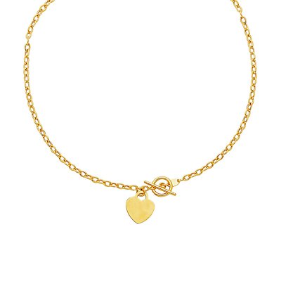 New 14 Karat Yellow Gold Toggle Necklace with Heart Dangle Charm (17'')