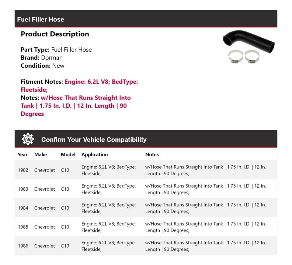 Manguera de llenado de combustible Dorman V8 6,2 L 1983 1984 1985 para Chevrolet C10 1982-1986 Foto 2 de 4