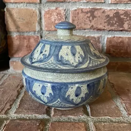 Vtg Pottery Hand Painted Initialed Bowl w/ Lid Made in Morocco