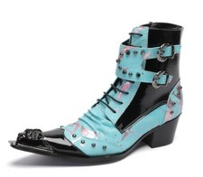 Stivaletto uomo moda punk gotico punta rivetto fibbia cinturino stringato scarpe