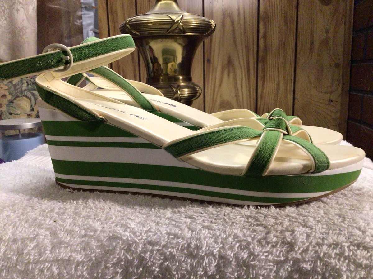 Womens American Eagle 10M Green White Ankle Strap Sandal Wedge
