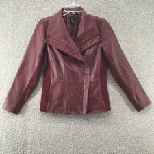 H by Halston Womens Leather Jacket Zip Front Burgundy Size 2