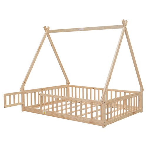 House Bed Tent Bed Frame Full Size Wood Floor Play Bed with Guardrails for Kids - Picture 26 of 27