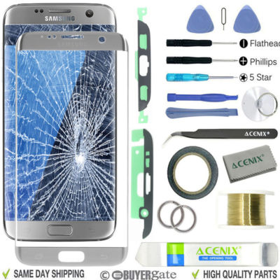 For Samsung Galaxy S7 Edge G935 OEM Silver Front Lens Back Glass Replacement Kit