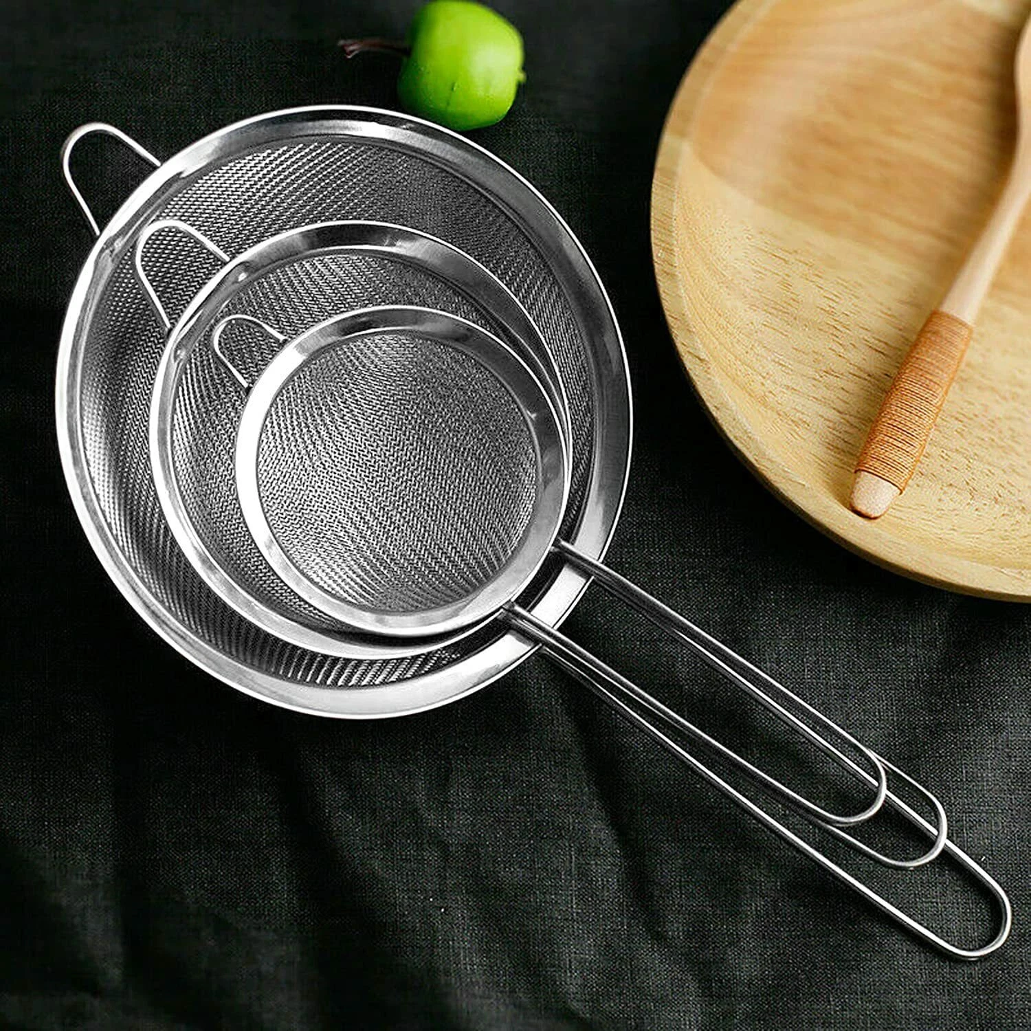 3 Pack of Stainless Steel Sieve Kitchen Strainers 7cm 12cm 18cm Strong Fine Mesh