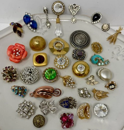 Lot Vtg Costume Jewelry Single Earrings Clip On Craft Repurpose Rhinestone M