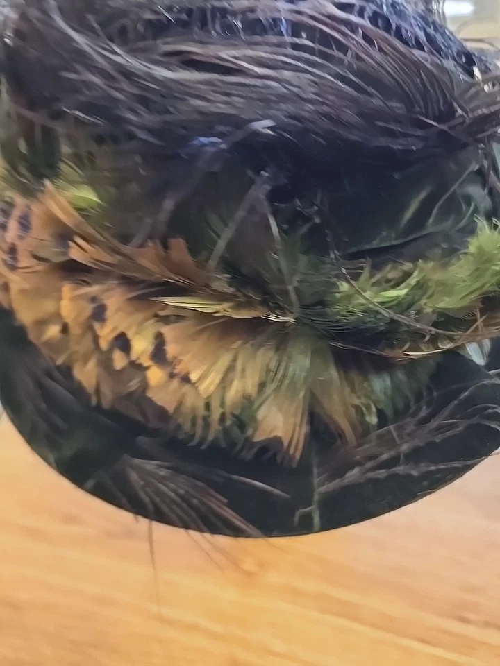 Antiguo sombrero victoriano de terciopelo verde con plumas de pavo real y faisán Foto 4 de 4