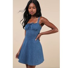 Lulus Considered Charisma Blue Chambray Bustier Denim Skater Mini Dress M