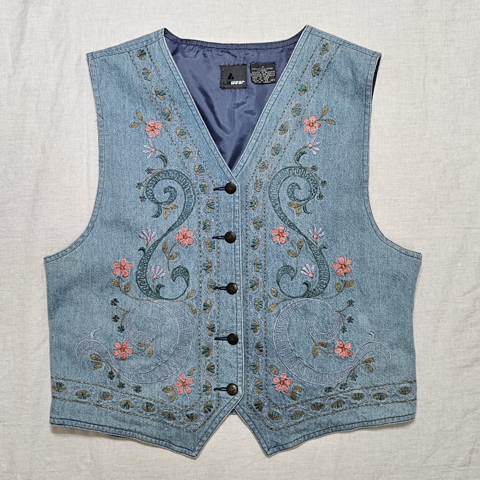 Lizwear Vintage 90s Jean Vest Lined Embroidered  Button Up Women's Size Medium