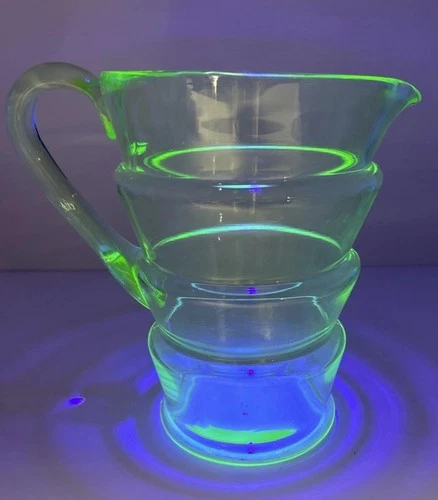 1930’s Dunbar Uranium Glass Ribbed Pitcher  Glass 7.5” Tall