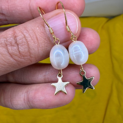 Natural Freshwater Pearl Earrings 14K Gold Plated Handmade Star Drop Women Gift - Bild 7 von 7