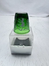 Vintage Mary Gregory Green Glass Thimble White Hand Painted Accent Boy And Girl