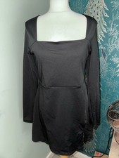 Square Neck Long Sleeve Mini Dress Black Size XL
