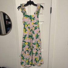 J Crew Square Neck Smocked Midi Dress 00 Pink Lemon Print Ruffle Sleeve Tiered