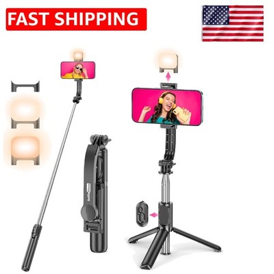 All-in-One Extendable Selfie Stick Tripod, Lightweight with Fill Light & Remote
